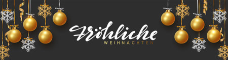 German text Frohliche Weihnachten, Background design Xmas gold balls and bauble, golden glitter silver snowflake hanging on the ribbon. Festive decorative template. Merry Christmas and Happy New Year.のイラスト素材