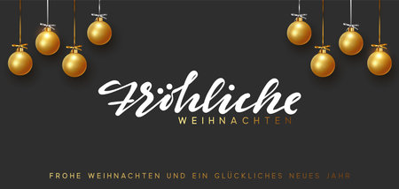 German text Frohliche Weihnachten, Background design of Xmas gold balls and golden bauble hanging on ribbon. Festive decorative template. Merry Christmas and Happy New Year. vector illustrationのイラスト素材