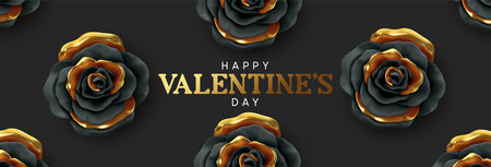 Happy Valentine's Day. Background with realistic 3d flower metal rose, black and gold color. Pattern of flower buds. Horizontal banner, poster, header for website. Vector illustrationのイラスト素材