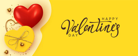 Happy Valentine's Day. Horizontal banner, header template for the website. Romantic realistic design elements, gift box, metal hearts strewn with sparkles confetti. Handwritten calligraphy lettering.のイラスト素材