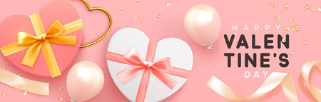 Happy Valentine's day. Romantic pink background with balloons and boxes with gift. present shape of hearts realistic designのイラスト素材