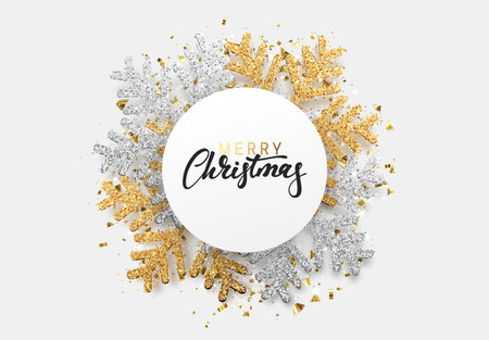 Christmas background with Shining gold Snowflakes. Merry christmas greeting card, web banner, poster vector Illustration. Holiday Xmas and New Yearのイラスト素材