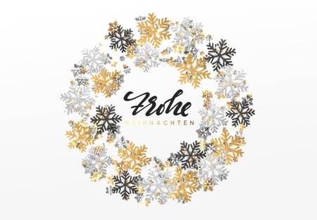 German text Frohe Weihnachten. Merry Christmas and Happy New Year. Xmas background with Shining gold Snowflakes. Greeting card, holiday banner, web posterのイラスト素材