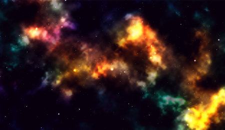 Space background Fantastic outer view with realistic bright stars and cluster of gas clouds. Universe with nebulae, galaxies and star clusters. Infinite cosmic open spaces. Vector illustrationのイラスト素材