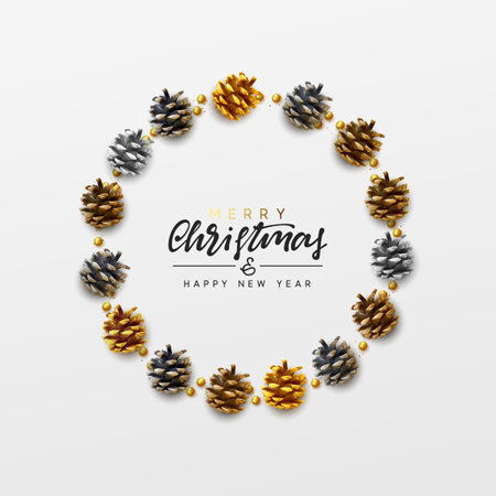 Christmas background. Handwritten text Merry Christmas and Happy New Year. Xmas greeting card, banner, web poster. Festive vector illustration. Design pine cones, round beads, golden glitter color.のイラスト素材