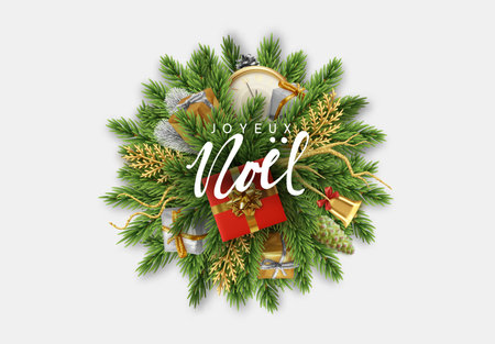 French text Joyeux Noel. Christmas background. Design Bundle of pine branches into a round sphere and the holiday Xmas decoration object, gift boxes, antique clocks, golden bellのイラスト素材