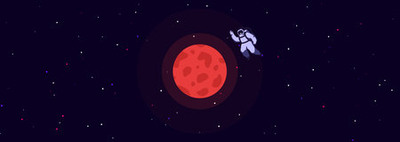 Man travel to the red planet Mars. Poster of astronaut approaching the mars. Night background of space with bright starry in the distance. Futuristic banner, mankind is exploring the cosmosのイラスト素材