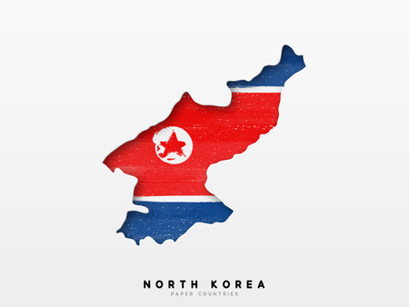 North Korea detailed map with flag of country. Painted in watercolor paint colors in the national flag.のイラスト素材