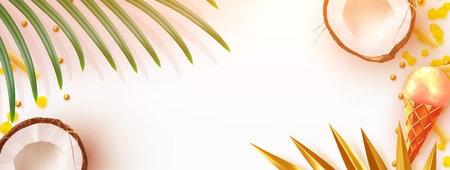 Tropical Summer background. Realistic coconut, tropical palm leaves, ice cream, yellow flower petals, food French fries. Golden palm branches. Flat lay, top view Template with place for text.のイラスト素材