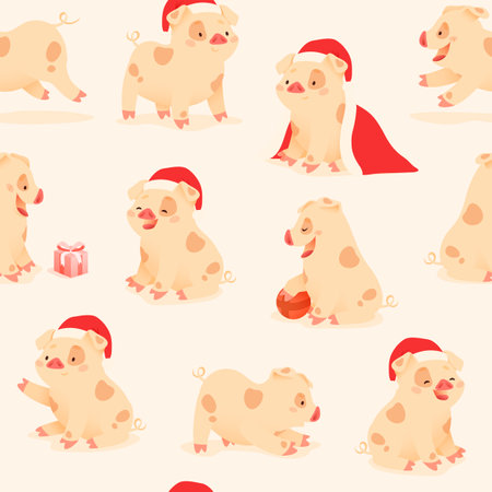 Background with cartoon funny pig. Cute pattern pigのイラスト素材