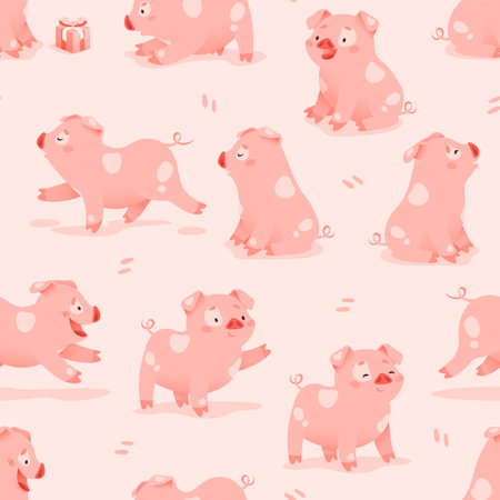 Background with cartoon funny pig. Cute pattern pigのイラスト素材
