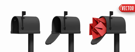Set of three black mailboxes realistic 3d design, open box, closed and with mail paper envelope isolated on white background. vector illustrationのイラスト素材