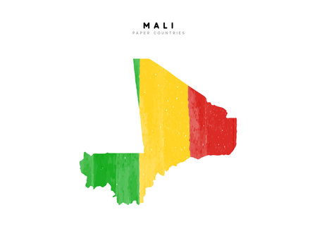 Mali detailed map with flag of country. Painted in watercolor paint colors in the national flag.のイラスト素材
