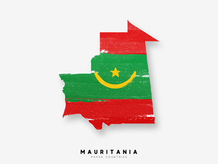 Mauritania detailed map with flag of country. Painted in watercolor paint colors in the national flag.のイラスト素材