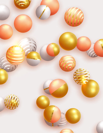 Abstract minimal background. Objects 3d shape gold and silver ball, volumetric round spheres white and pink. Vector realistic geometric elementsのイラスト素材