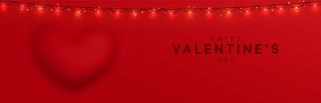 Happy Valentines Day. Romantic design composition, realistic 3d heart pink color, convex shape curves outward. Horizontal banner, web poster, website for header. Holiday gift card. Vector illustrationのイラスト素材