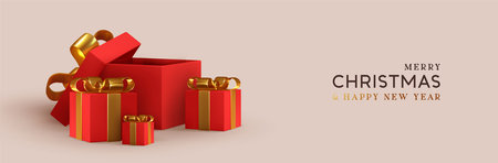 Christmas red pile Empty Open gift box template. Xmas design Realistic decorative objects. Sale banner, surprise poster, flyer and brochure. mock up holiday. Celebrate birthday, anniversary, wedding.のイラスト素材