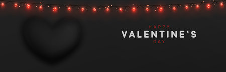 Happy Valentines Day. Romantic design composition realistic 3d heart black color, convex shape curves outward. Horizontal banner, web poster, website for header. Holiday gift card. Vector illustrationのイラスト素材