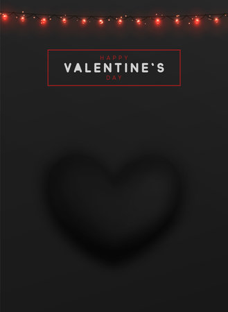 Happy Valentine's Day. Romantic design composition, realistic 3d heart black color, convex shape curves outward. red light garlands. Holiday gift card. vector illustrationのイラスト素材