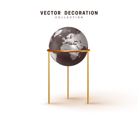 Detailed globe of the planet earth on gold metal stand. Isolated vector illustration.のイラスト素材