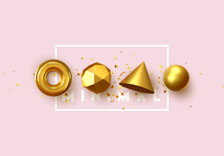 Abstract geometric background. 3D Shapes, golden color spheres, torus, cones. Art Trendy Minimal Designのイラスト素材
