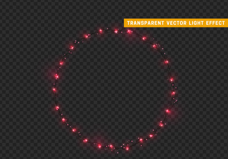 Christmas wreath, frame of New Year's bright glowing lights of garlands. Light effect Xmas decoration round ring. Isolated on a transparent background. Design element. vector illustration.のイラスト素材
