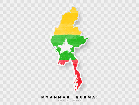 Myanmar (Burma) detailed map with flag of country. Painted in watercolor paint colors in the national flag.のイラスト素材