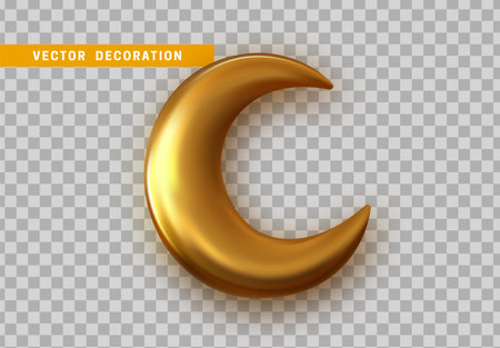Golden crescent 3d design isolated on transparent background. Vector gold moonのイラスト素材