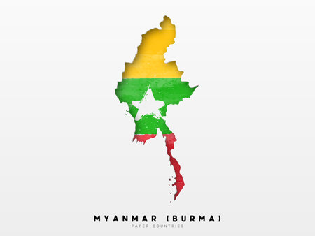 Myanmar (Burma) detailed map with flag of country. Painted in watercolor paint colors in the national flag.のイラスト素材