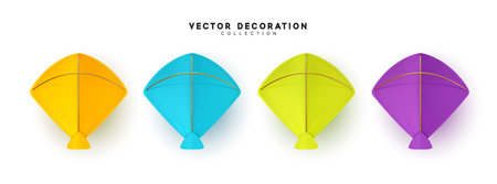 Realistic kite flying in different colors isolated on white backgroundのイラスト素材