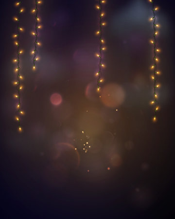 Background with bright bokeh lights and hanging glowing garlands. Vector illustrationのイラスト素材