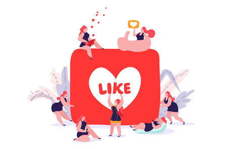 Young girl enjoys likes, endorsements on the social networks of the Internet. Women works at laptop, phone gets happiness from likes and hearts of love. Concept flat cartoon style.のイラスト素材