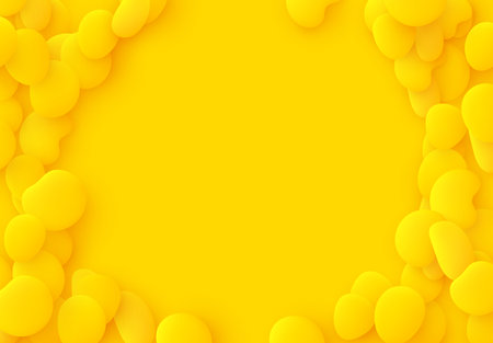 Bright yellow background. Design elements of the liquid rounded plastic shapes, smooth sea stones, Flat Liquid splash bubble. 3d fluid objects. Modern abstract pattern organic substancesのイラスト素材