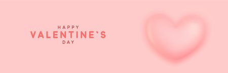 Happy Valentines Day. Romantic design composition, realistic 3d heart pink color, convex shape curves outward. Horizontal banner, web poster, website for header. Holiday gift card. Vector illustrationのイラスト素材