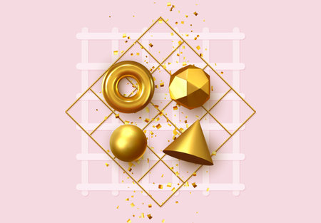 Abstract geometric background. 3D Shapes, golden color spheres, torus, cones. Art Trendy Minimal Designのイラスト素材