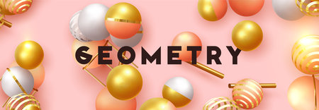 Abstract minimal background. Objects 3d shape gold and silver ball, volumetric round spheres white and pink. Vector realistic geometric elementsのイラスト素材