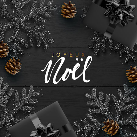 Merry Christmas Happy New Year. Christmas background. Wood plank texture, gift box, black snowflakes are strewn sparkles, realistic pine cone. Xmas composition flat top view. vector illustrationのイラスト素材