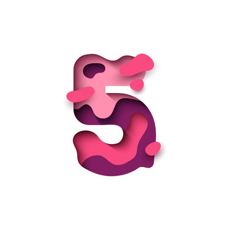 Paper cut number 5, figure five. Design 3d sign isolated on white background. Alphabet font of melting liquid.のイラスト素材