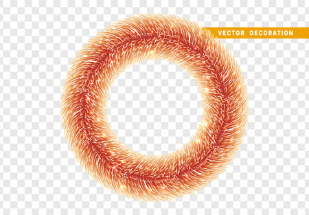 Christmas traditional decorations, red lush tinsel. Xmas circle wreath garland, isolated realistic decor elementのイラスト素材