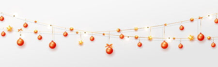 Christmas decorations isolated. Background gold string garlands with balls and stars realistic set. Golden Xmas decor. Festive design elementのイラスト素材