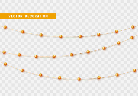 Christmas decorations isolated on transparent background. Golden string garlands with beads realistic set. Gold Xmas decor. Festive design elementのイラスト素材