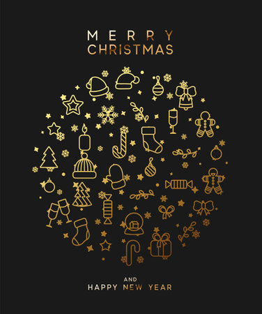 Merry Christmas and happy new year. Black background with festive gold linear styleのイラスト素材