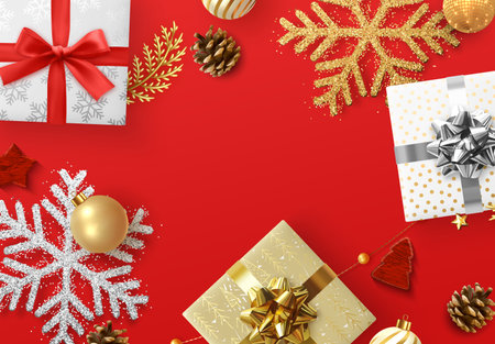 Christmas background with decorative Xmas elements of design. Gift box, shining gold glitter snowflake, golden ball, decorative bauble, Greeting card, template banner, web poster vector Illustration.のイラスト素材