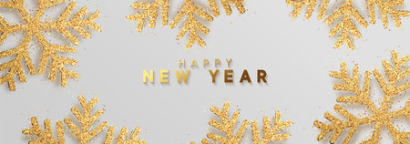 Happy New Year. Xmas background with Shining gold Snowflakes. Greeting card, holiday banner, web posterのイラスト素材