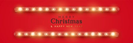 Christmas red banner with street light garlands. New Year poster with decorative lights, website header. Vector illustrationのイラスト素材