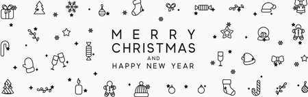Merry Christmas and Happy New Year horizontal banner with xmas decorative elements line styleのイラスト素材