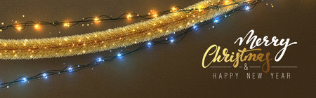 Christmas banner, Xmas sparkling lights garland and golden tinsel. Christmas posters, cards, headers website.のイラスト素材