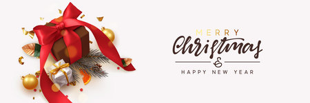 Merry Christmas and Happy New Year. Background with realistic festive gifts box. Xmas present. brown boxes with red ribbon gift surprise, Golden Christmas baubles, balls, glitter gold confetti.のイラスト素材