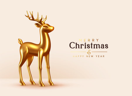 Merry Christmas and Happy New Year. Background with Gold Glass Reindeer. Decorative metallic 3d render deer. Xmas holiday. Greeting card, banner, festive posterのイラスト素材