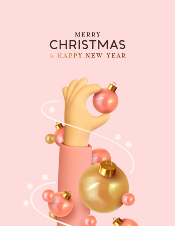 Christmas card design. Realistic 3d hand holding shiny Xmas ornament bauble ball. Happy new year poster, banner. Festive decorative objects. vector illustration.のイラスト素材